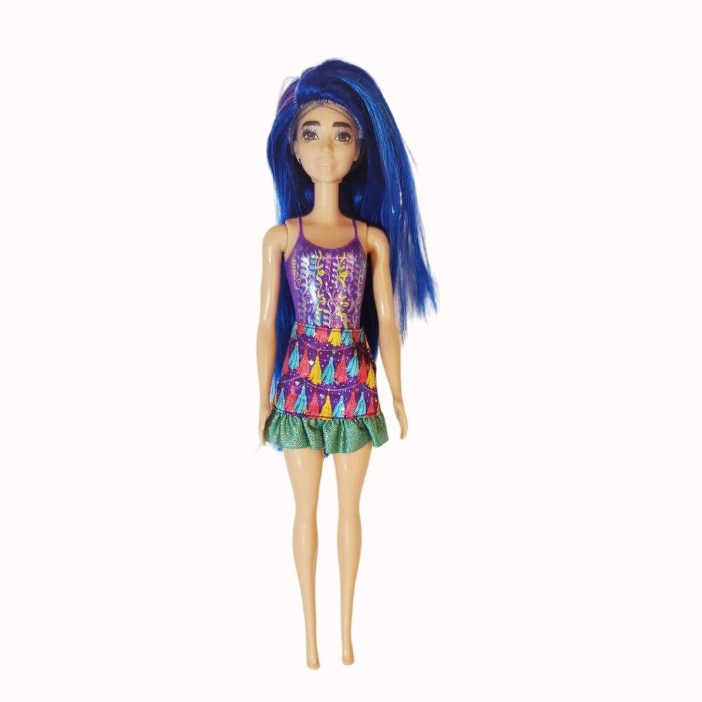 Barbie Color Reveal Doll 2021 Party Brown Hair Blue Wig Purple Skirt GXJ88